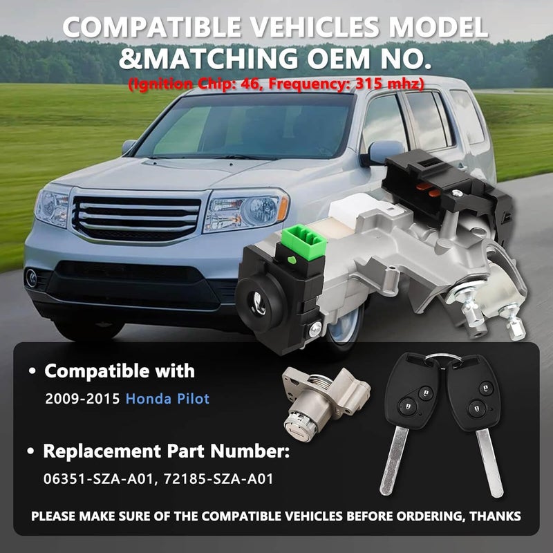 RAMATA 06351-SZA-A01 Ignition Switch Lock Cylinder with Key (with Blank Chip) Compatible with 2009 2010 2011 2012 2013 2014 2015 Honda Pilot, Replace # 72185-SZA-A01(Ignition Chip: 46,Frequency: 315Hz - Image 3